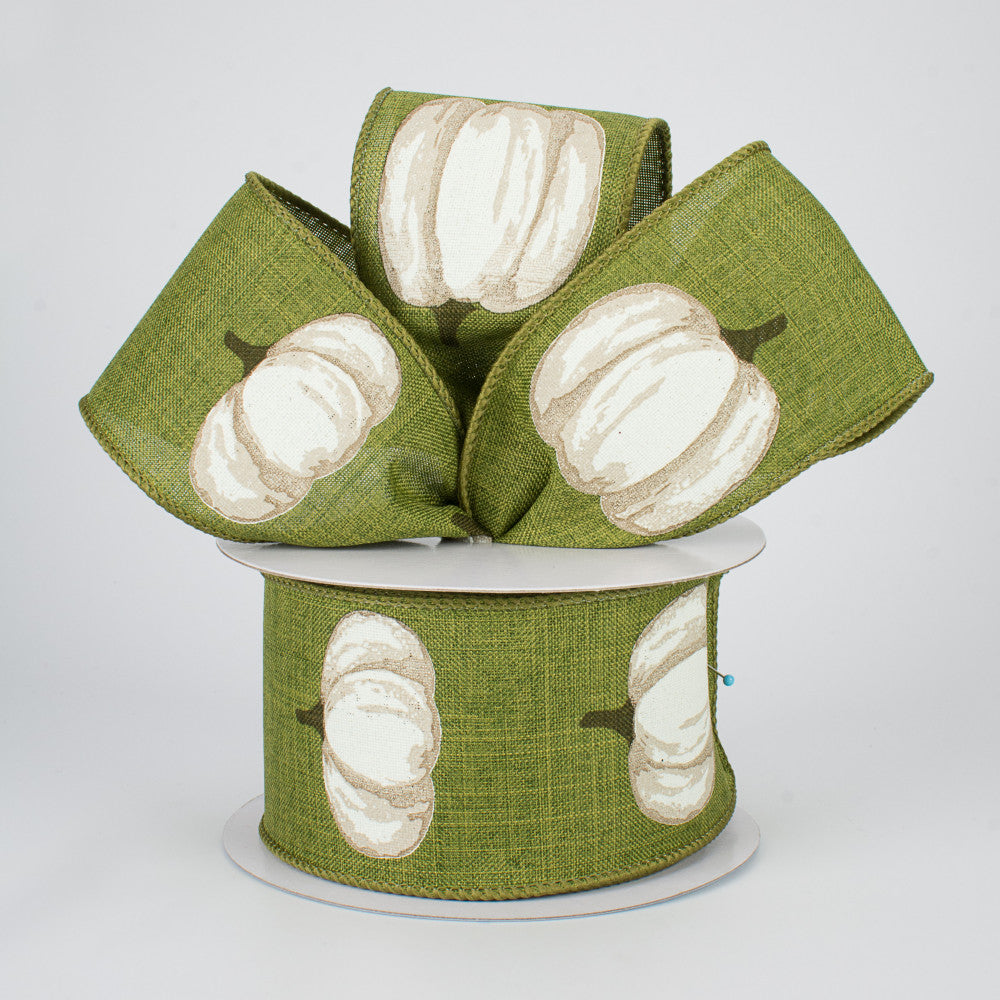 White Pumpkin on Moss Green Background Ribbon 2.5" W x 10 yards