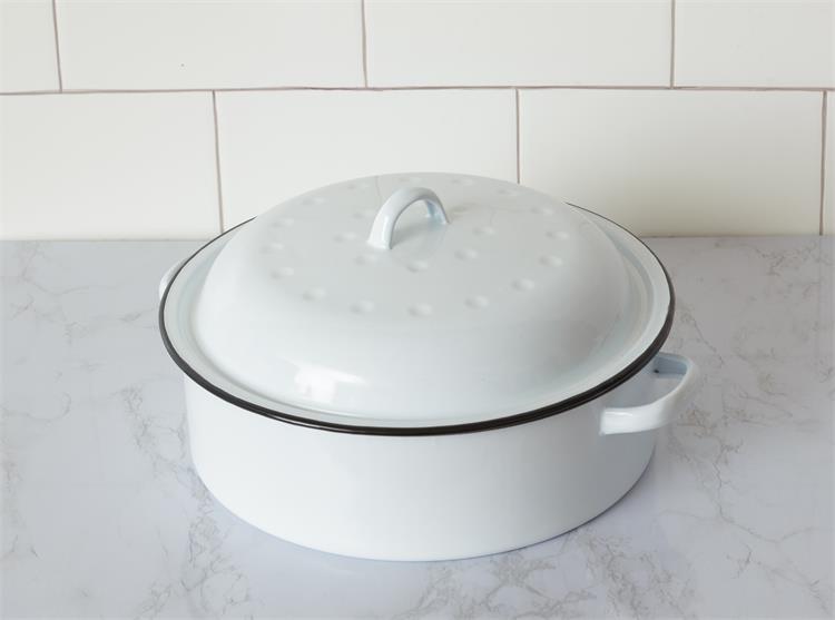White Enamelware Pot with Black Trim and Dimpled Lid