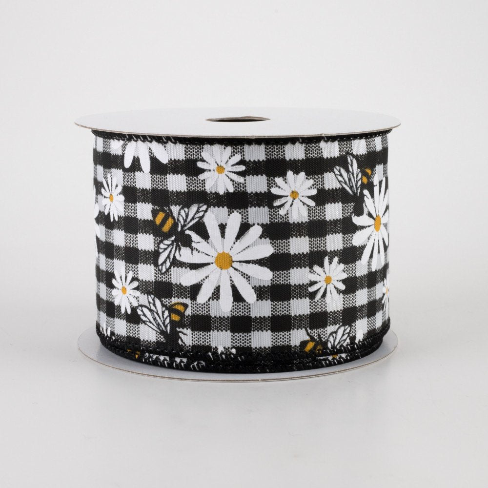 💙 Daisies & Bees Black & White Gingham 2.5" x 10 yards