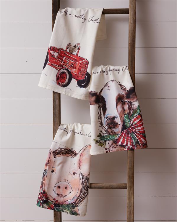 Set of 3 Farmhouse Christmas Tea Towels - Tractor Cow Pig