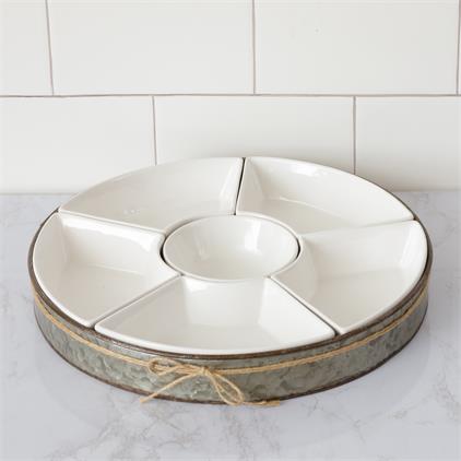 Ceramic Six Section Dip Bowl Set with Metal Tray