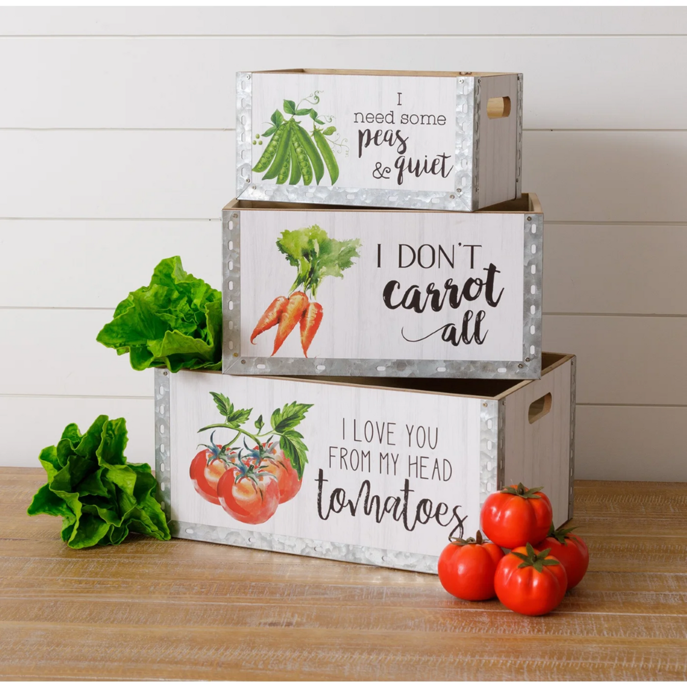 Set of 3 Punny Wooden Vegetable Crates