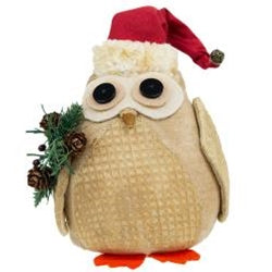 Christmas Owl in Santa Hat and Winter Greenery Fabric Figure