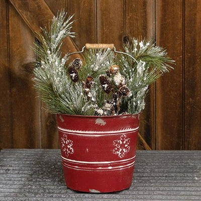 Snowflake Red Distressed Embossed Metal Bucket