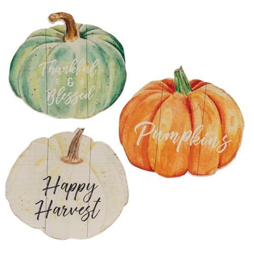Set of 3 Fall Watercolor Pumpkin Wooden Signs