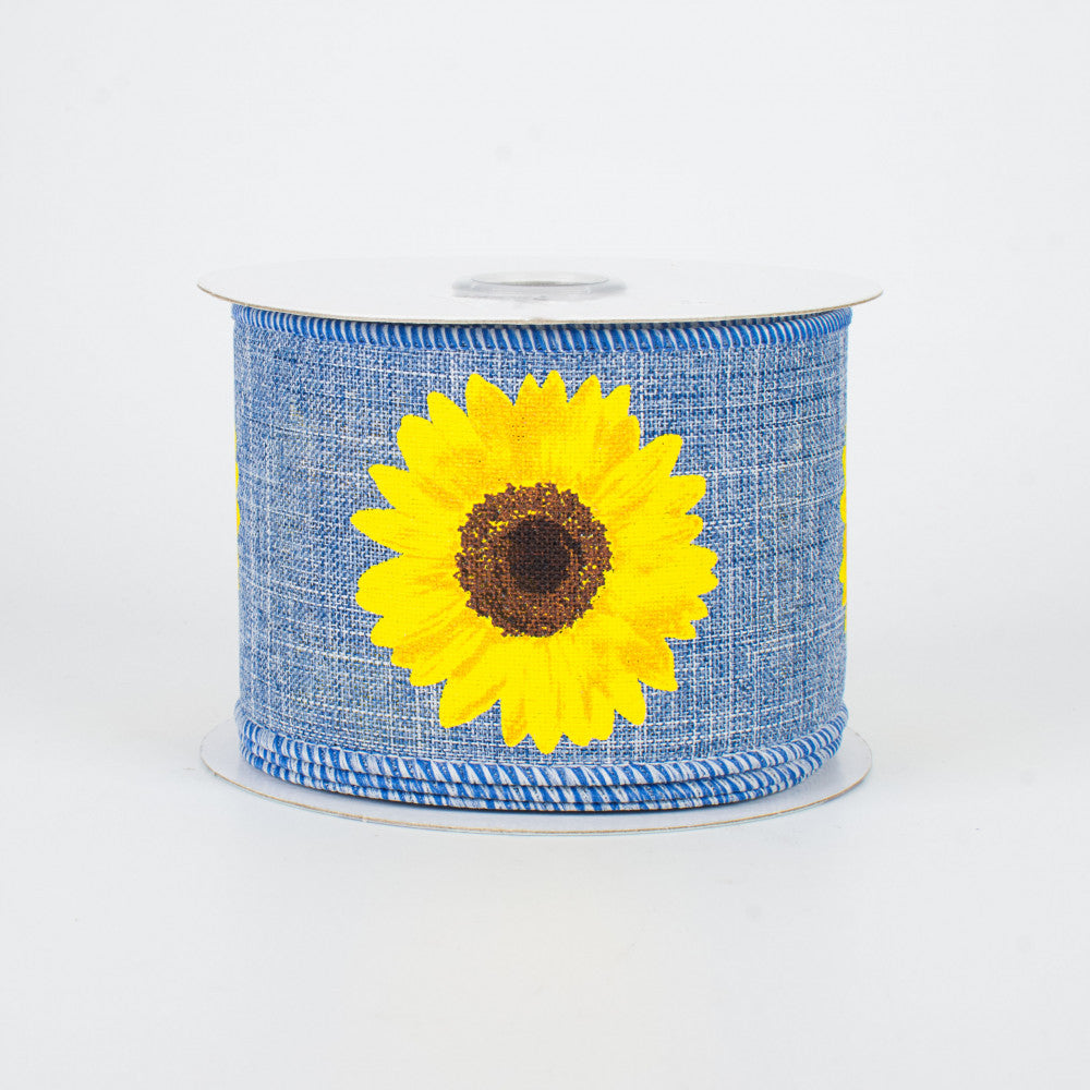 Bold Sunflower on Denim Blue Background Ribbon 2.5" W x 10 yards
