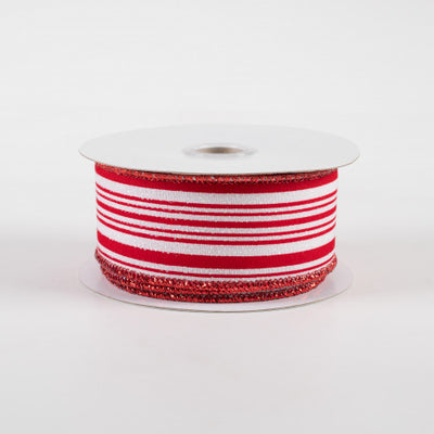 💙 Red and White Iridescent Ticking Stripes Ribbon 1.5" x 10 yards