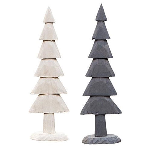Set of 2 Carved Look Farmhouse Colors 12" H Wooden Trees
