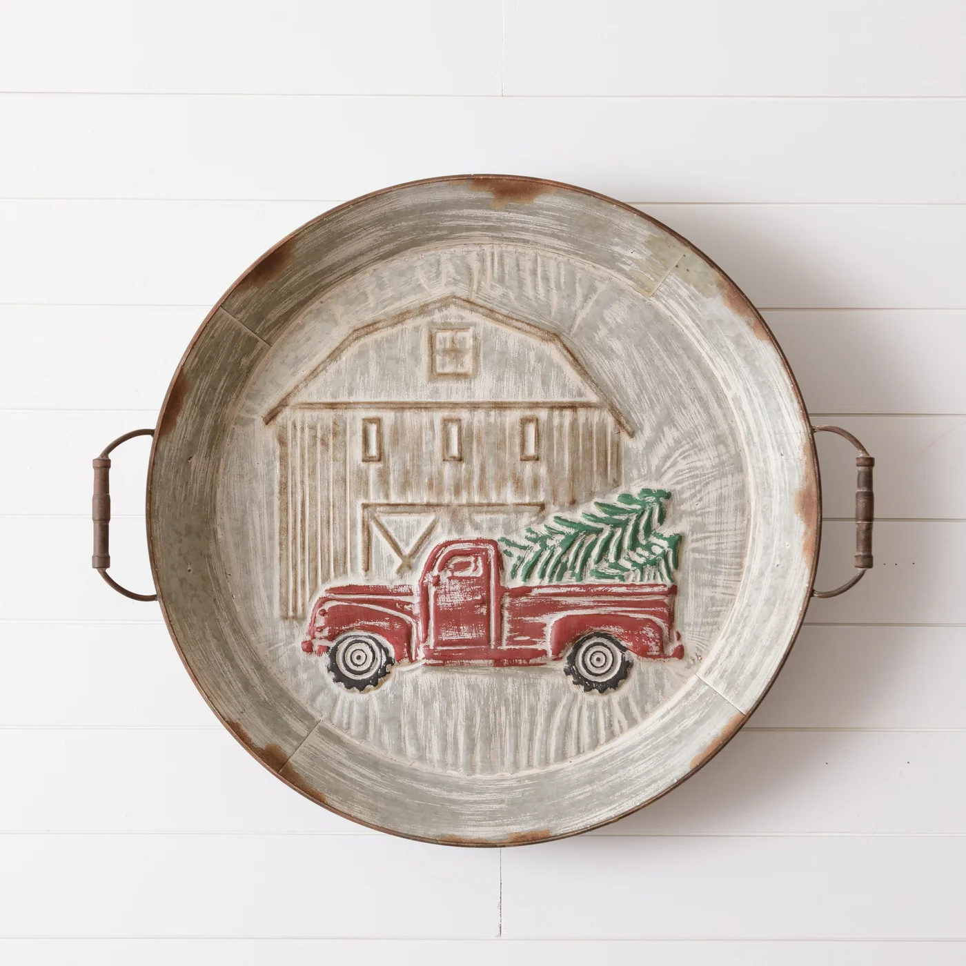 Barn And Truck Metal Embossed Christmas Tray