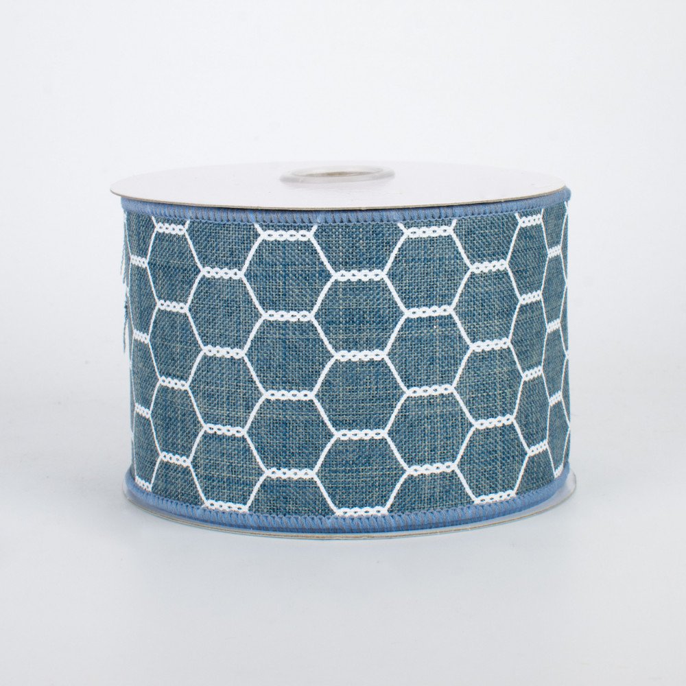 Chicken Wire Design Ribbon Faded Denim & White 2.5" x 10 yards