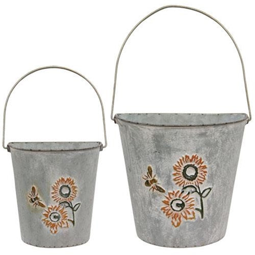 Set of 2 Washed Metal Sunflower & Bee Wall Buckets
