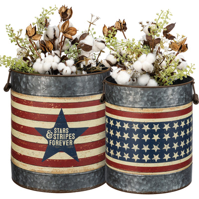 Set of 2 Stars & Stripes Forever Americana Galvanized Buckets