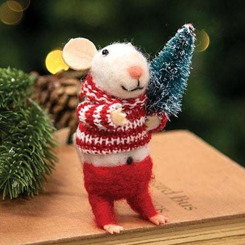 Christmas Mouse with Striped Sweater and Tree Felt Ornament