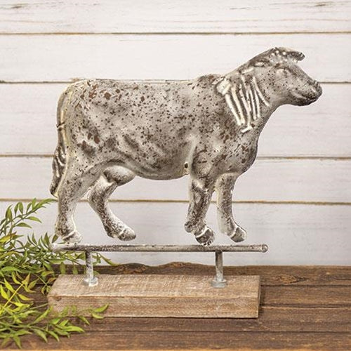 Rustic Metal Cow Figure on Wooden Stand