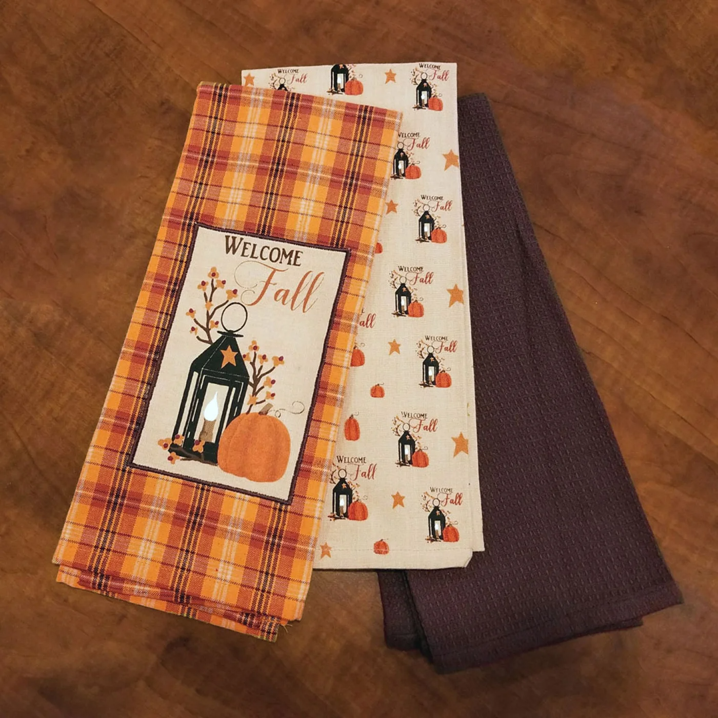 Welcome Fall Lantern and Pumpkins Set of 3 Tea Towels