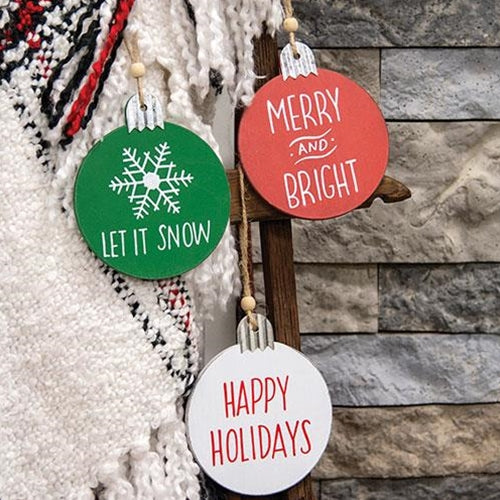 Set of 3 Holiday Sayings Wood Round Ornament, 3 Asstd.