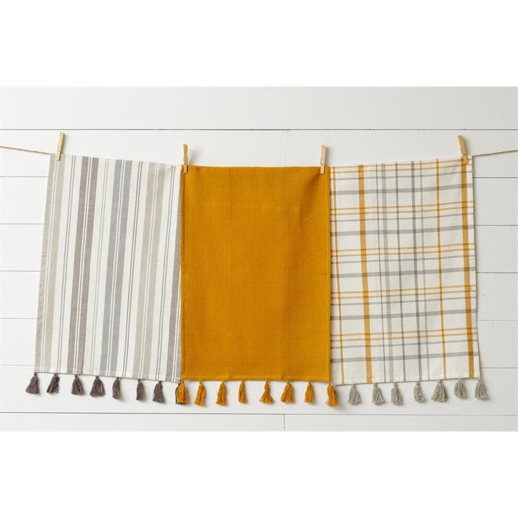 Set of 3 Gray And Mustard Yellow Tea Towels