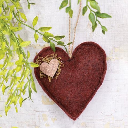 Red Felt Heart Ornament with Wooden Heart Accent