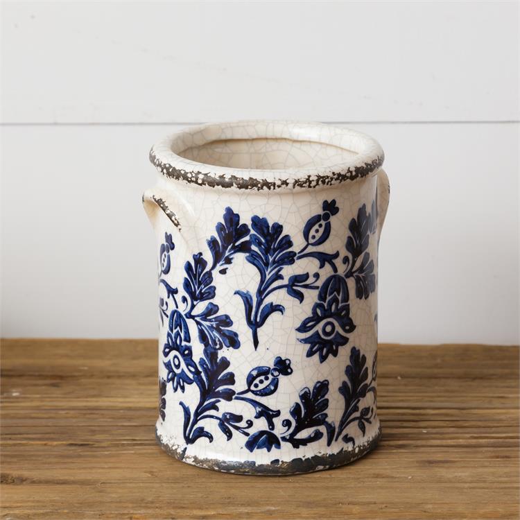 Blue and White Floral Pottery Crock