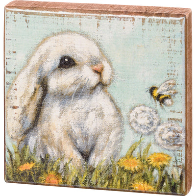 💙 White Bunny and Bee 4.5" Wooden Block Sign