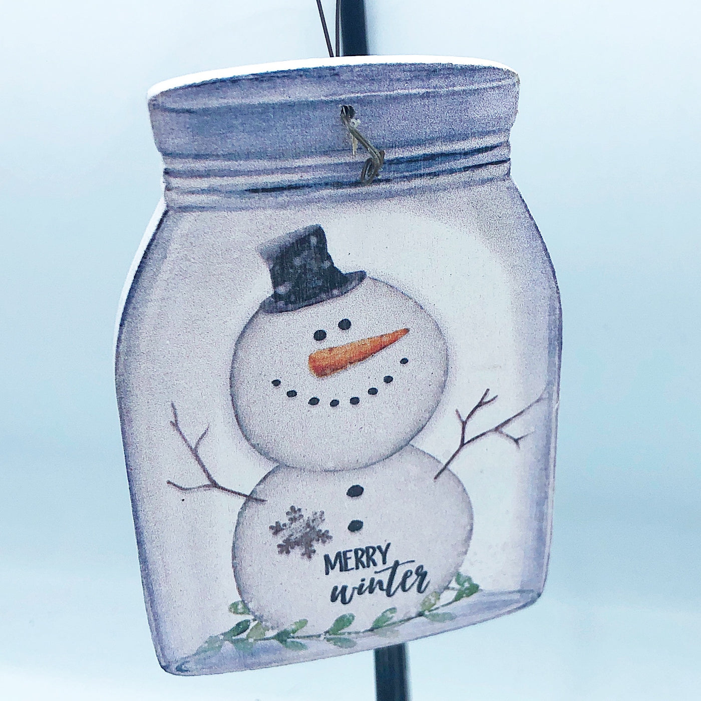 💙 Merry Winter Snowman Mason Jar Shaped Wooden Ornament