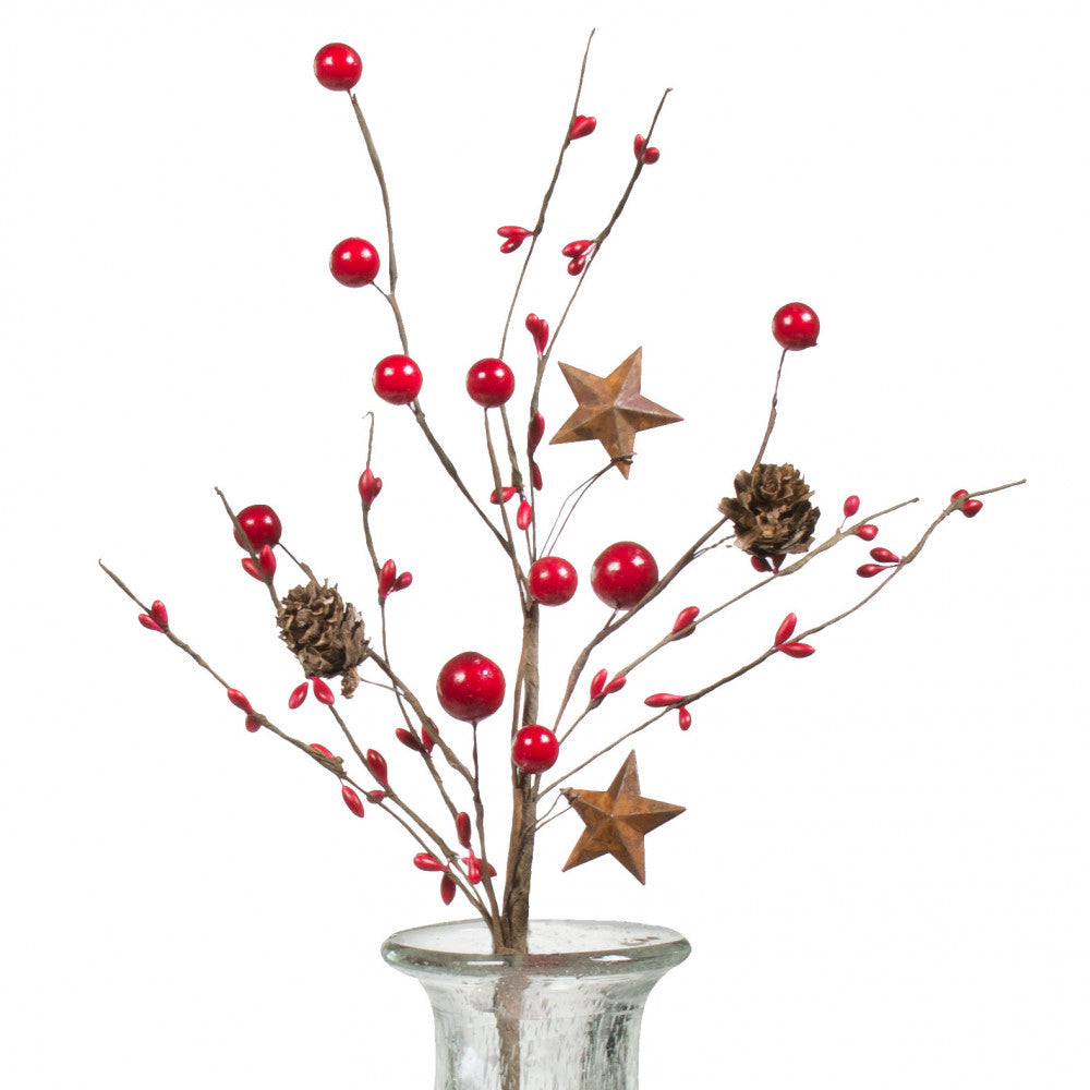 💙 Christmas Red Berry Pip, Rusted Star & Pinecone Pick 12"
