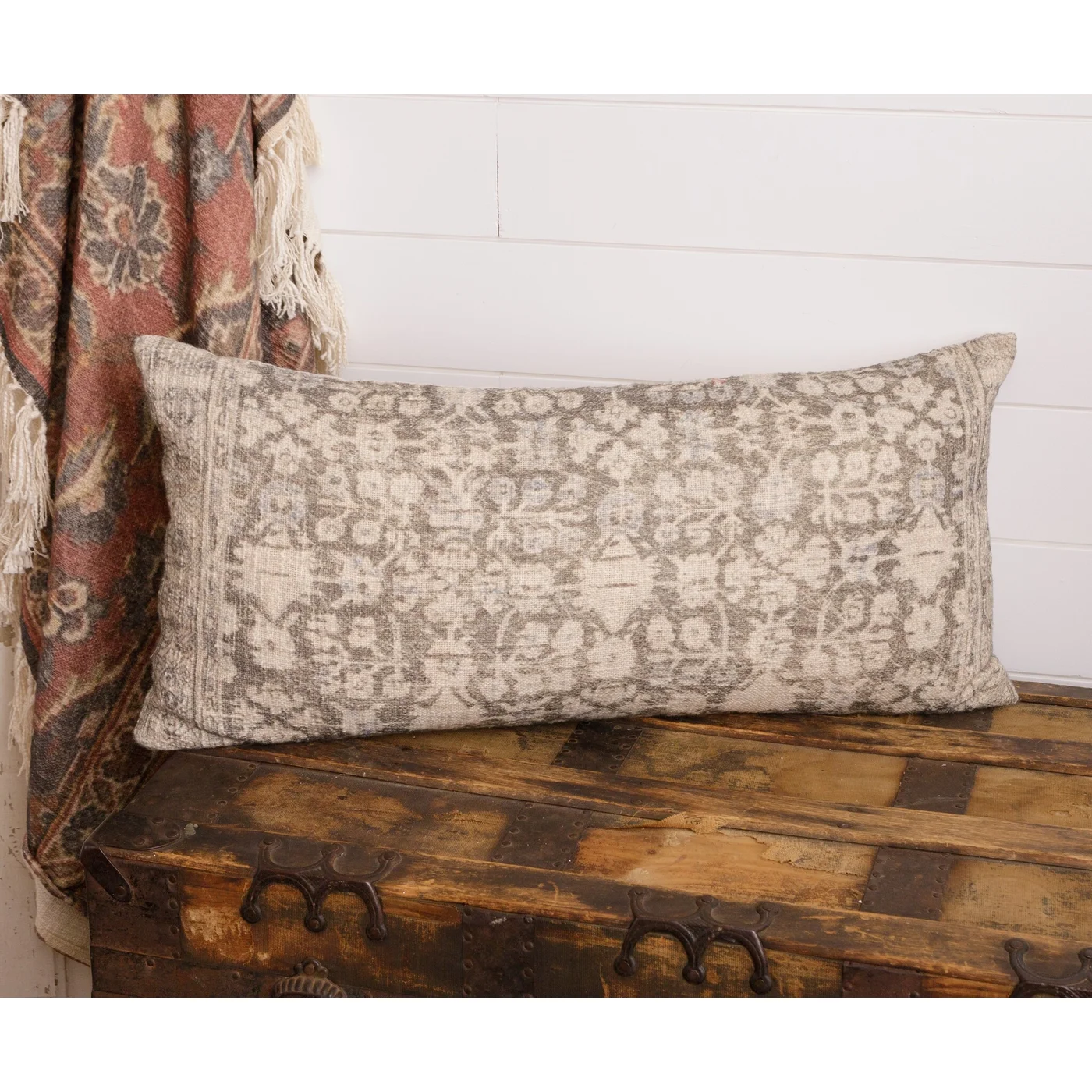 Faded Gray and Cream Antique Style Rug Slub Lumbar Pillow