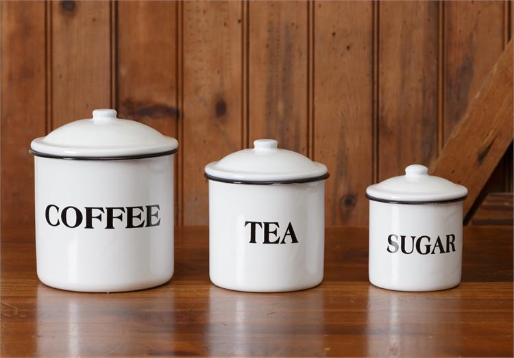 White Enamelware Canisters - Coffee, Tea, Sugar